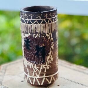 Vintage Japanese Carved Bamboo Yunomi Cup | Hand-Etched Calligraphy